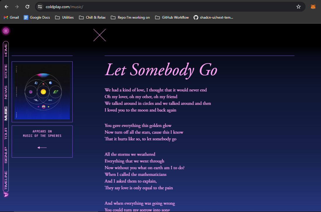 Coldplay lyrics web page